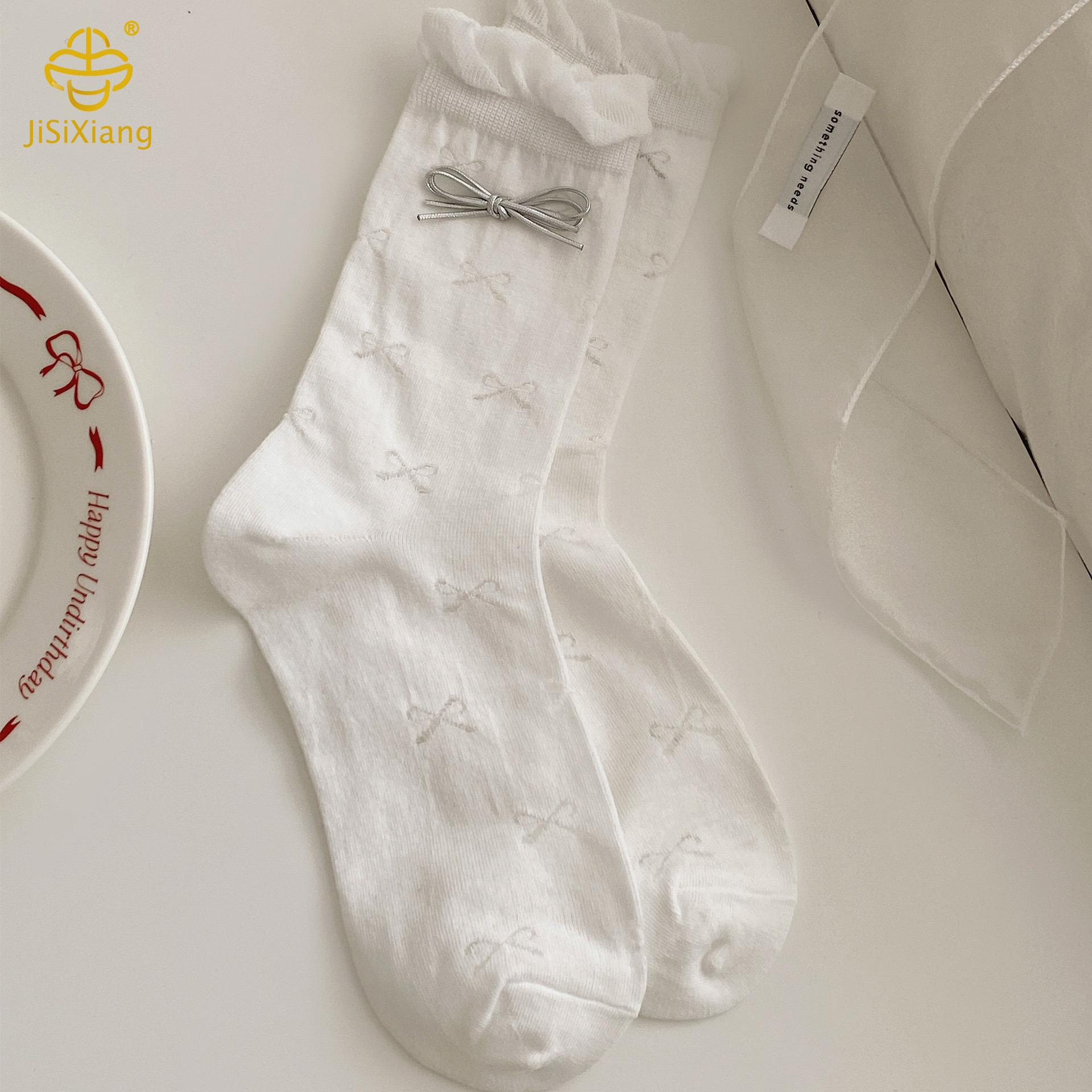 한국 버전 버블 구강 실버 리본 바비 중간 튜브 파일 양말