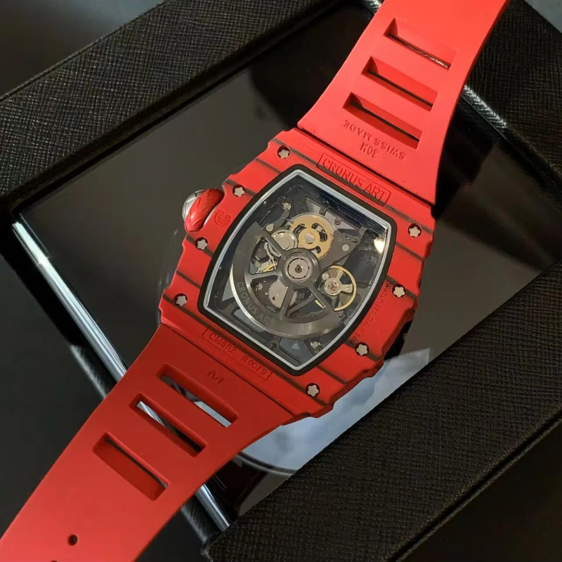 Men's Luxury Skeleton Watch with 42mm Red Carbon Fiber Tonneau-Shaped Case
