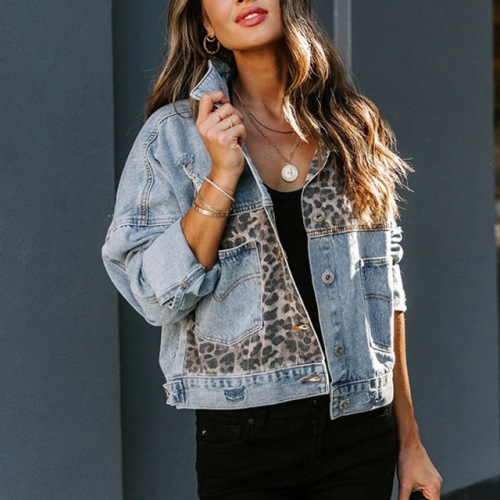 Autumn Custom Leopard Patchwork Denim Jacket for Women