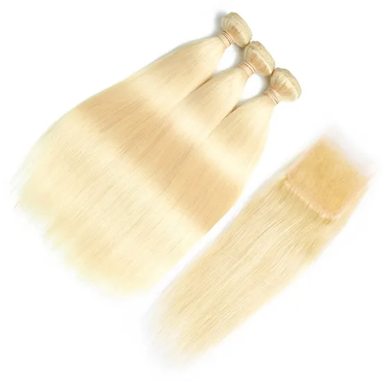 Durable Virgin Remy Hair Bundles Peruvian Straight Hair Weaves Weft  613 Human Hair Bundles and Closure Set