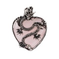 Rose Quartz Heart Antique Silver Dragon Gemstone Pendant (32x42mm) Necklace 45cm Black Cord