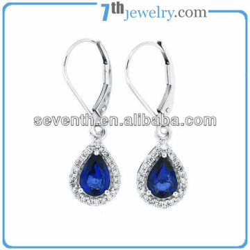 Tear Drop Shaped Blue Sapphire Leverback Earrings For Girls With CZ Diamond White Gold Plated Brass Earrings