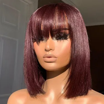 Remy Full Machine Made Glueless Bob 99J Red Bob Wig with Bangs - Straight Hair Bob Wigs