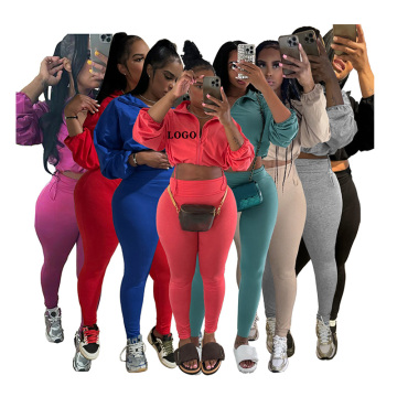 New Fall Women's Biker Outfits: Custom Logo Crop Sweat Top & Leggings 2-Piece Set