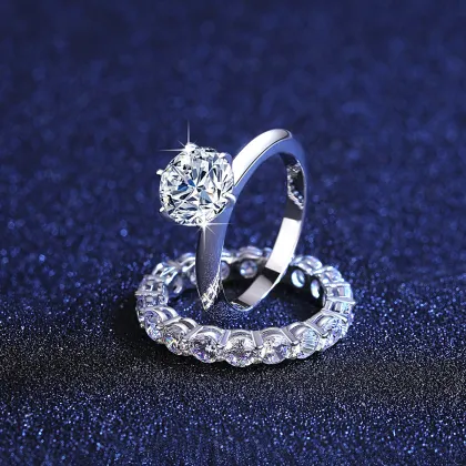 925 Sterling Silver Moissanite Diamond Engagement & Eternity Ring with Silver Lab Diamond
