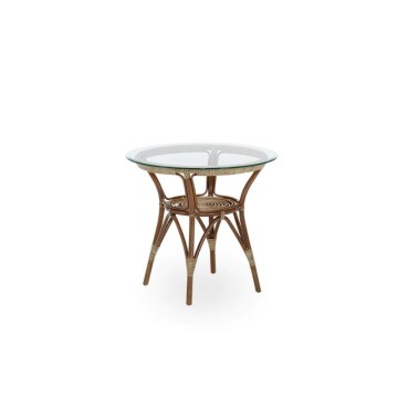 Round Rattan and Wood Side Table for Living Room