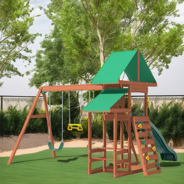 Wooden Jungle Gym with Swing and Plastic Slide for Kids