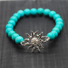 Bracelet extensible de pierres précieuses de perles rondes turquoise de 8MM avec morceau de soleil en alliage Diamante