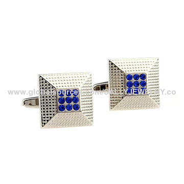 Rhodium plated alloy cufflink with blue rhinestone, OEM/DIY orders are welcome