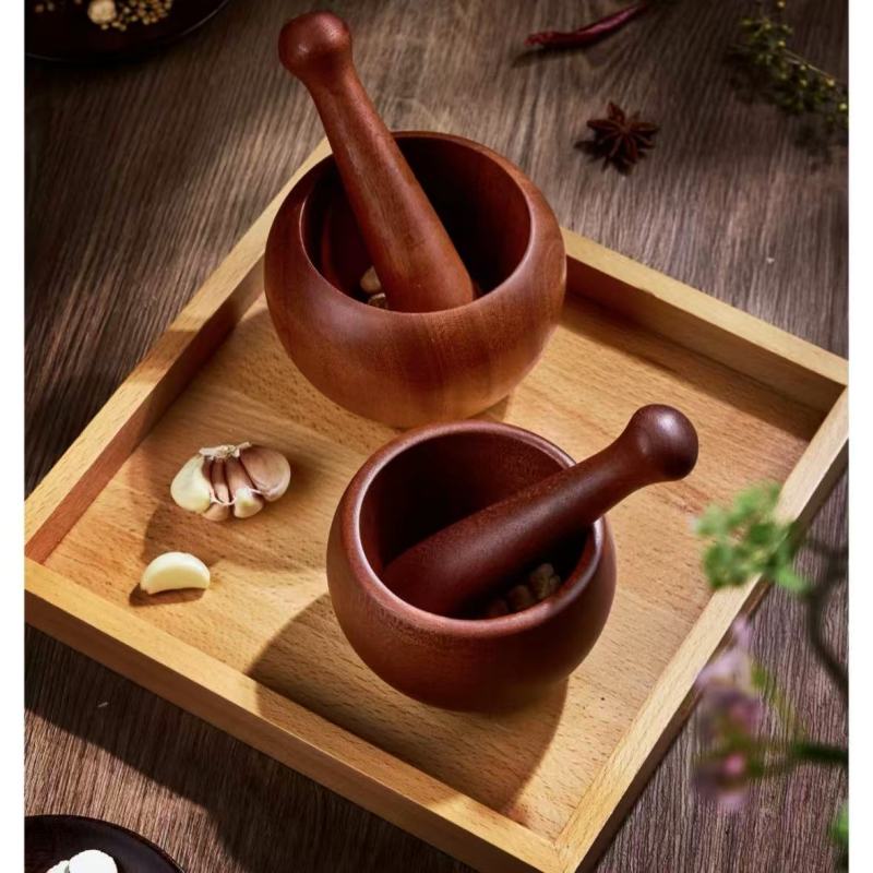 Natural Wood Mortar and Pestle Set with Wooden Tray