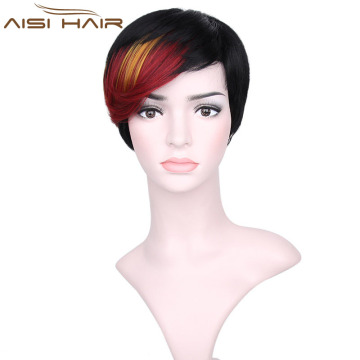 Short Pixie Cut Hair Wig High Temperature Synthetic Straight Wigs with Ombre Red Bangs For Women