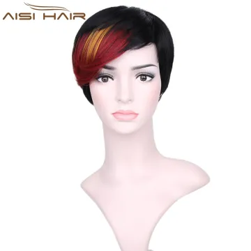 Short Pixie Cut Hair Wig High Temperature Synthetic Straight Wigs with Ombre Red Bangs For Women