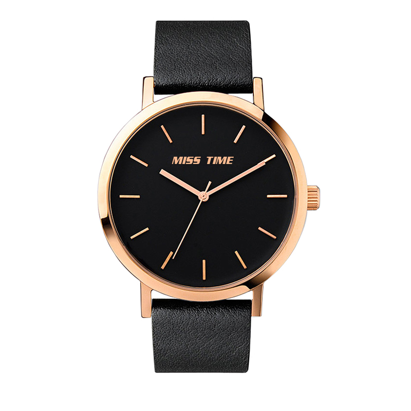 Black genuine leather band strap ladies watch