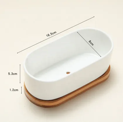 Ceramic Cactus Flower Pot with Bamboo Tray
