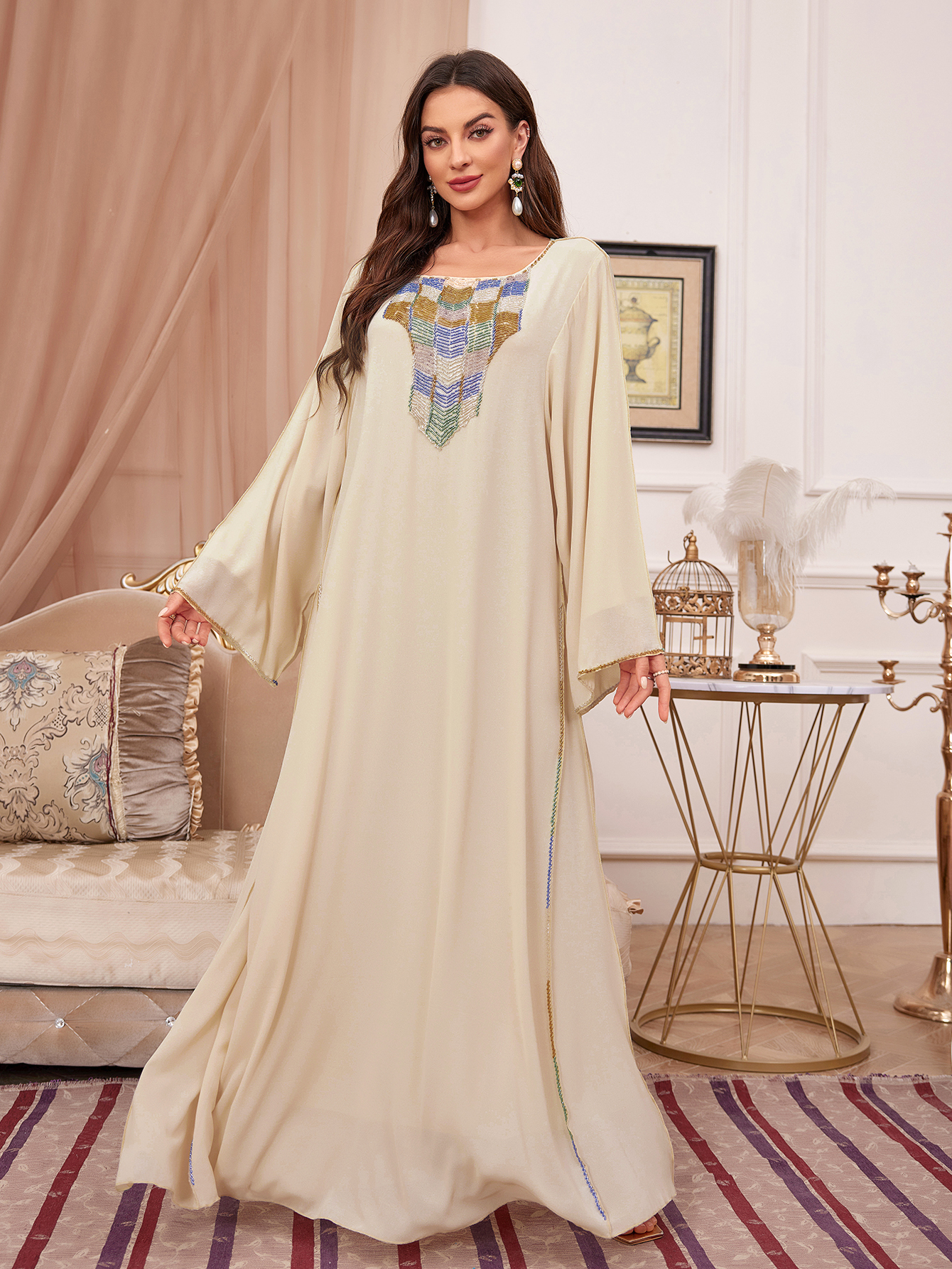 Colorful Beaded Butterfly Sleeve Modest Abaya