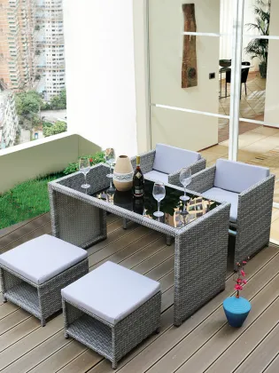 PE Rattan Centro Center Glass Top Coffee Table with Stool