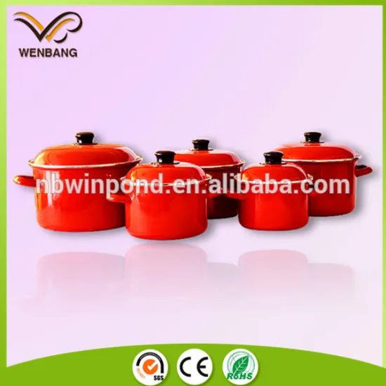 5pcs red printing enamel pot set, top selling camp cooking pot set