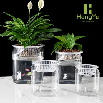 Four transparent square fishbowls of different sizes