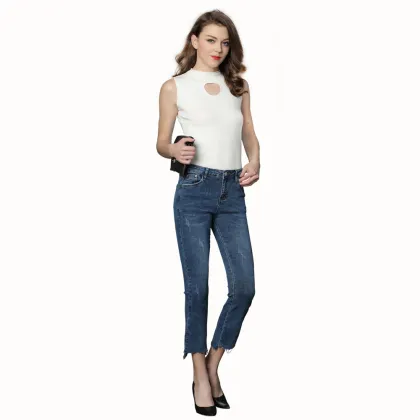 MID Waist Ankle Length Irregular Hem Ladies Straight Jeans