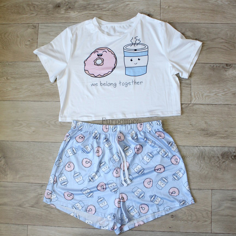 Women's Sleepwear Cute Cat Cartoon Print Short Set Pajamas for Summer Pajama Set Sweet Short Sleeve T Shirts & Shorts Pijama