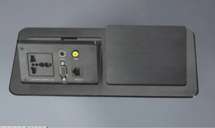 Desktop Pop Up hotel room media hub with audio jack