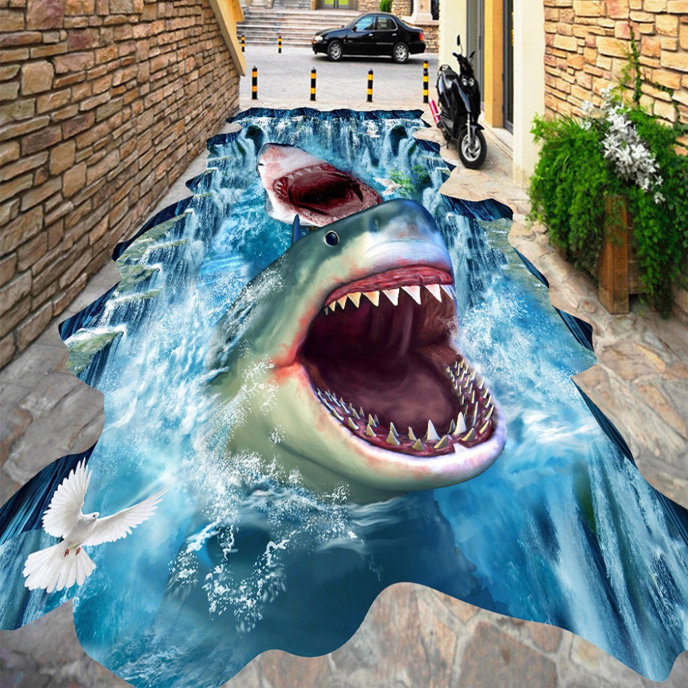 Custom Photo 3D Flooring Mural Sharks Waterfall 3D Stereoscopic Floor Stickers Waterproof Thickened Self-adhesive PVC Wallpaper