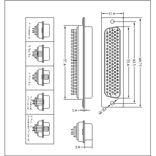 HDD03-FXXXXX D-SUB Female5 row high density solder 104p(stamped pin) 