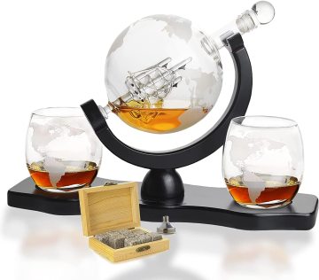 Hot Selling Whiskey & Wine Decanter Globe World Set with 2 Glasses - Best Gifts for Men