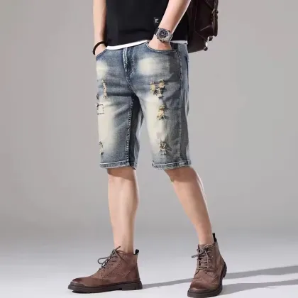 Men's Solid Color Casual Denim Shorts - Board Shorts for Beach