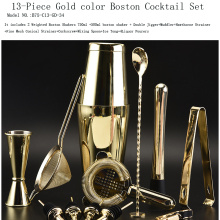 Cocktailshaker 13-piece Gold Boston Shaker Bar Set: 2 Shakers, Cocktail Strainer Set, Double Jigger, Cocktail Muddler and Spoon