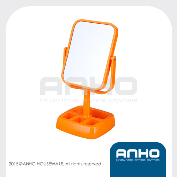 Square double-sided table stand mirror, orange swivel makeup mirror, with organizer