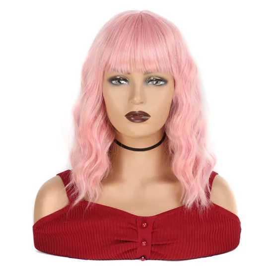 Short Brown Wig Synthetic Wigs with Bangs for Women Purple Water Wave Natural Bob Wigs Heat Resistant False Hair