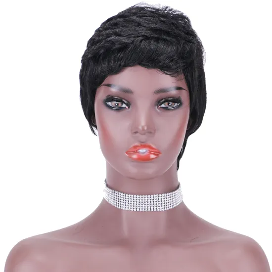 Vigorous Pixie Cut 100% Full Machine Brazilian Human Hair For Woman Short Finger Wave Natural Fluffy Wigs