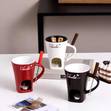 Ceramic Chocolate Warmer Cup with Fork for Cheese Fondue