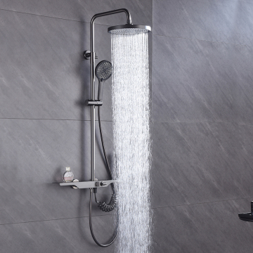 Modern Wall-Mounted Brass Shower Set with Chrome-Finished Gun Grey Smart Spray Patterns and Rainfall Mixer