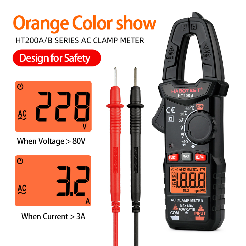HT200A Clamp Poke Meter Auto Range AC Pliers Ammeter Ohm Continuity Battery Tester Voltmeter 2000 Counts