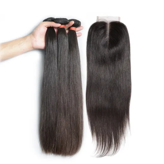 Wholesale Hair Bundles With Closure Vendors, Double drawn Human Hair Weave Bundles With Lace Frontals Closure