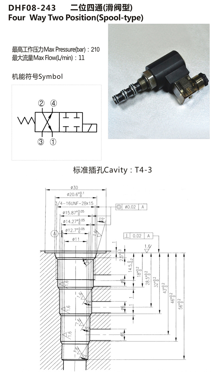 Hydraulic 4 Way 2 Position Solenoid Cartridge Valve