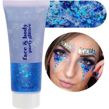 Festive Mermaid Glitter Gel: 50ml Blue Face Body Paint for Festival and Rave
