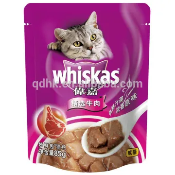 Cat food stand up packaging bag with tear notch