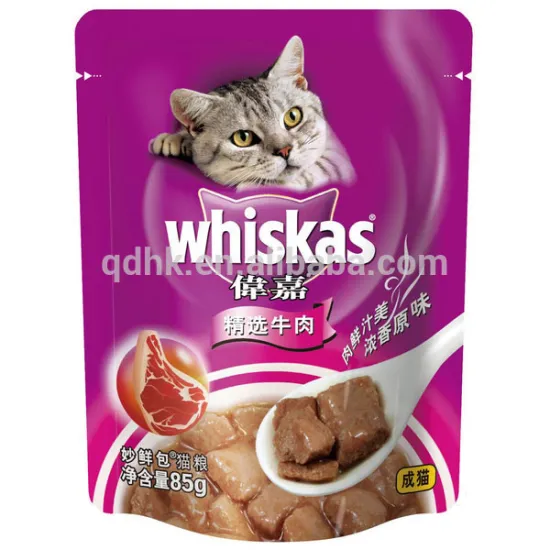 Cat food stand up packaging bag with tear notch