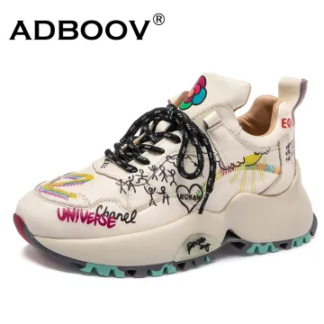 ADBOOV Genuine Leather Chunky Sneakers Women Graffiti Fashion Platform Casual Shoes Ladies