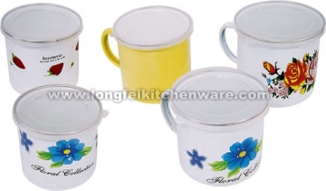 Enamel Mug With Stainless Steel Rim And Plastic Cover
