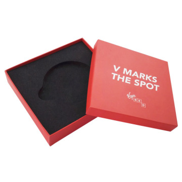 red cardboard paper box with black foam