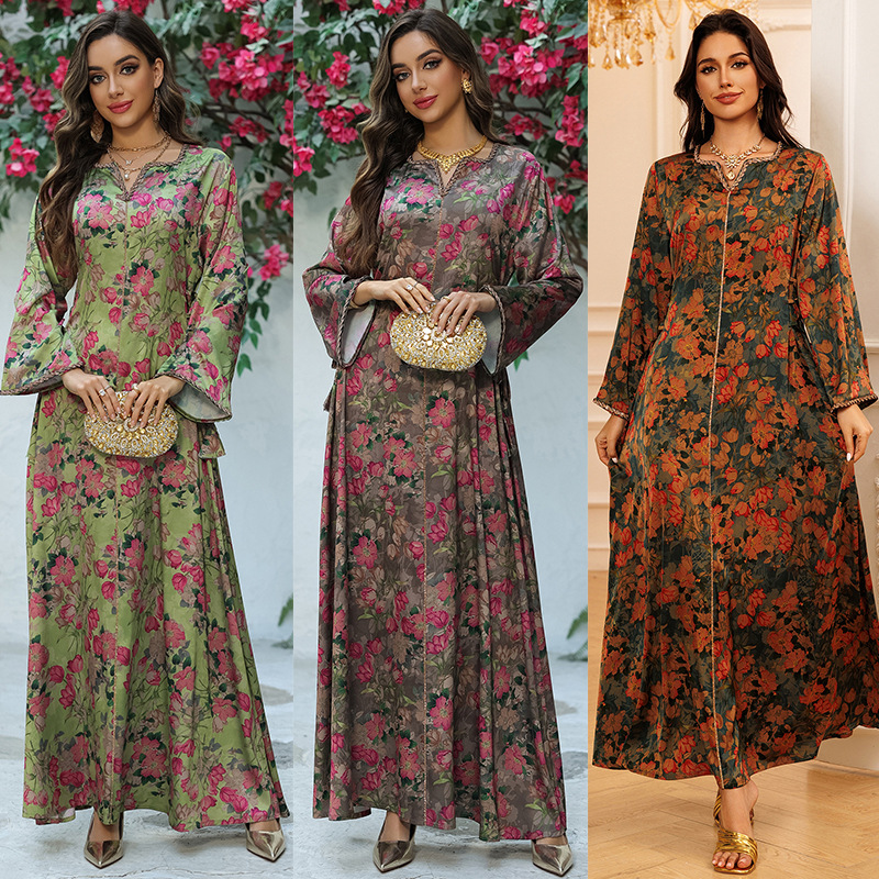 Long Sleeve Floral Print Rhinestone Soft Maxi Dress