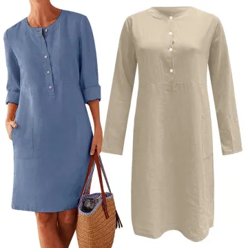 Oversized Cotton Linen Plus Size Summer Midi Dress with Roll Up Sleeve Kaftan Top