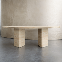 A semi-circular tabletop with triangular table legs dining table