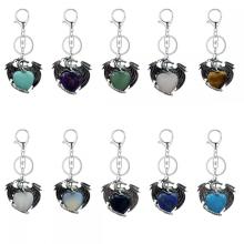 Gemstone Crystal Heart Alloy Wings Dragon &amp; Pterosaur Stone Key Chains Natural Quartz Dragon Charm Key Ring Anniversary Giftary