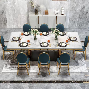 Moderner luxuriöser Marmor -Esstisch Set: 6 Sitzung mit goldenen Akzenten für den Gebrauch von Heim und Restaurant