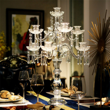 Gold Crystal Candelabra with Hanging Crystals - 9 Arm Wedding Decoration Centerpiece on Sale